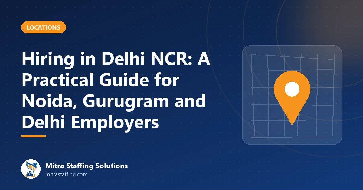 Map-style illustration of Delhi NCR highlighting Noida, Gurugram and Delhi business districts