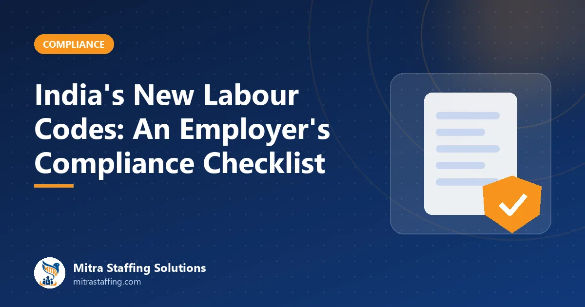 Compliance checklist for India's four labour codes beside a payroll report and calculator